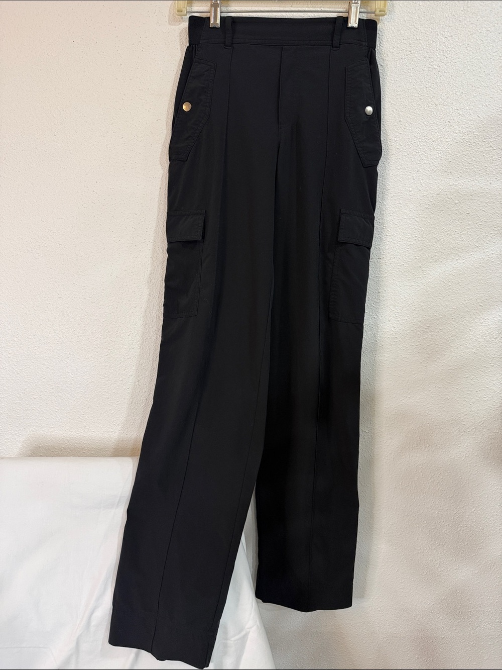 Athleta Black Wide-Leg Cargo Pants with Gold Snap Details